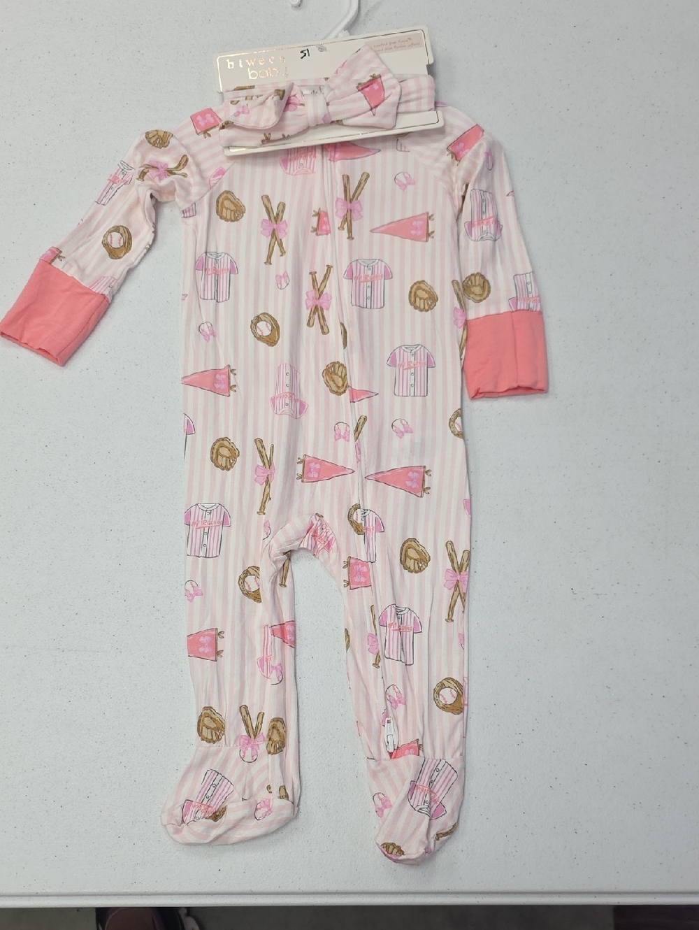 btween Pink & Coral Baseball Themed Footed One-Piece with Headband